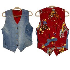 Vintage Denim Waistcoat Vest Rodeo/Western Red/Blue Vest Women's size XL